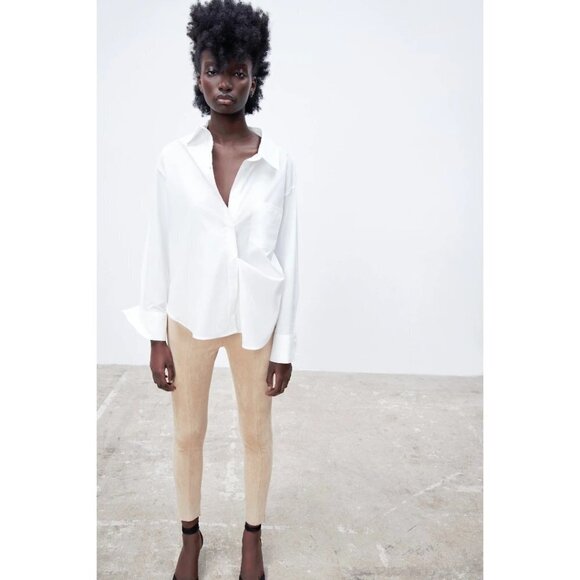 NWT Zara camel light brown faux suede high rise leggings w/ zipper accents, XS - Picture 3 of 12